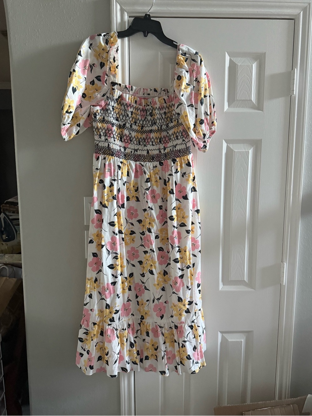 kate spade White Floral Smocked Midi Dress with Pink & Yellow Blooms
